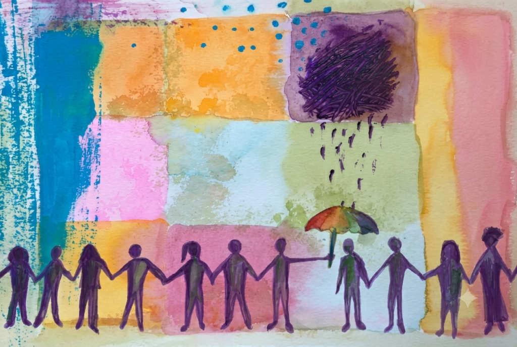 Pintura em aquarela de figuras roxas de mãos dadas, com duas pessoas se abrigando de uma tempestade sob um guarda-chuva arco-íris, em um fundo colorido e texturizado.