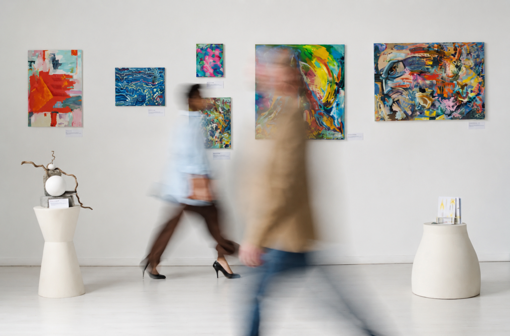Galeria de arte contemporânea com paredes brancas, pinturas abstratas coloridas e duas pessoas caminhando pelo ambiente em movimento.