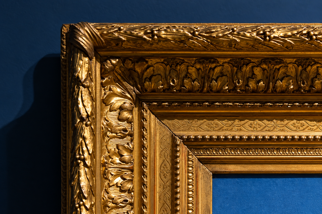 Moldura dourada ornamentada com detalhes entalhados sobre fundo azul.